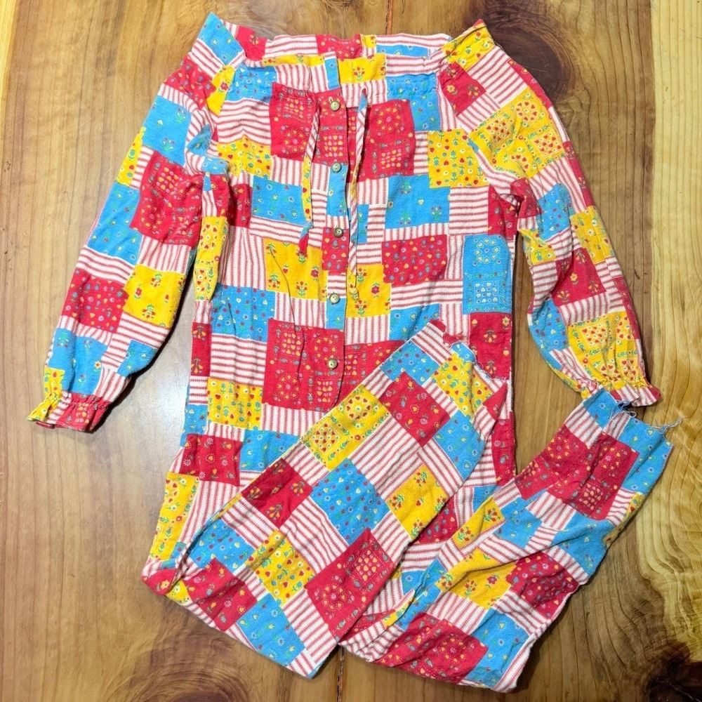 Vintage 60s 70s Gaymode Penneys One Piece Pajama Flannel Jumpsuit Patchwork I10